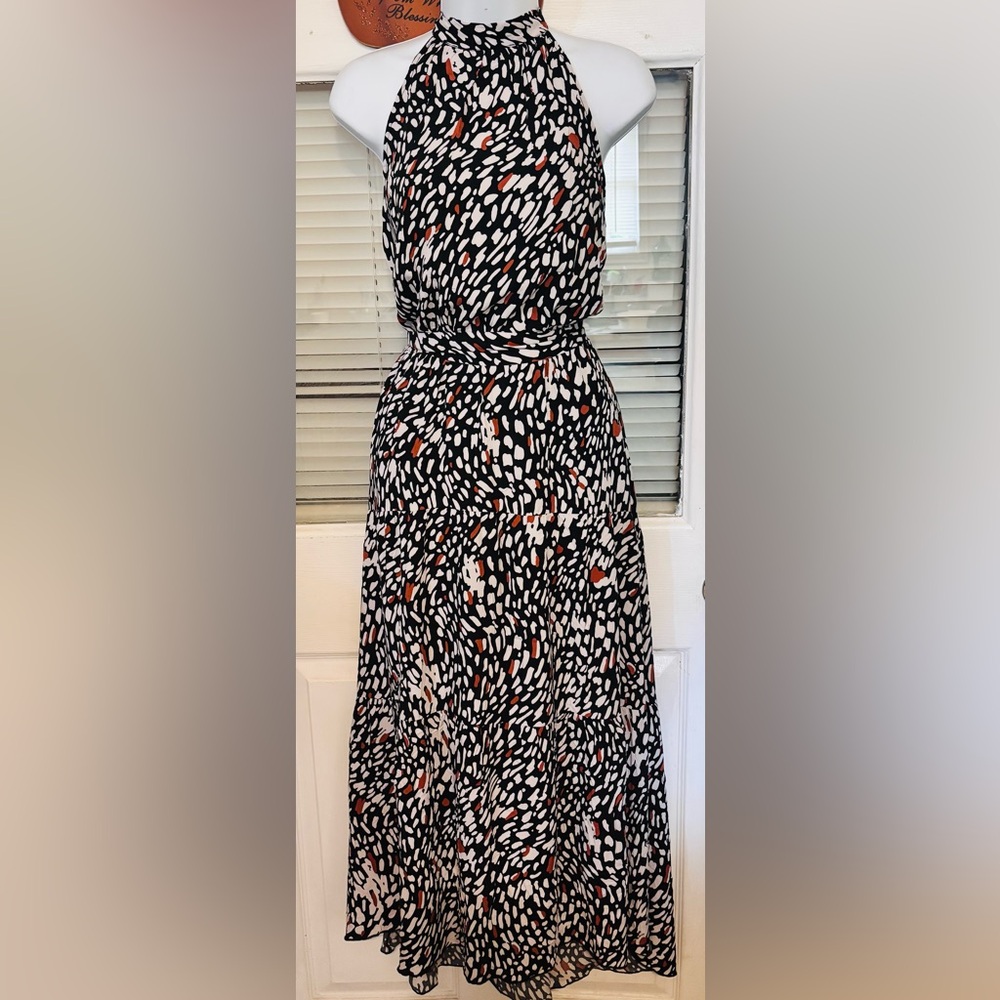 Black and White Halter Dress with Red Accents